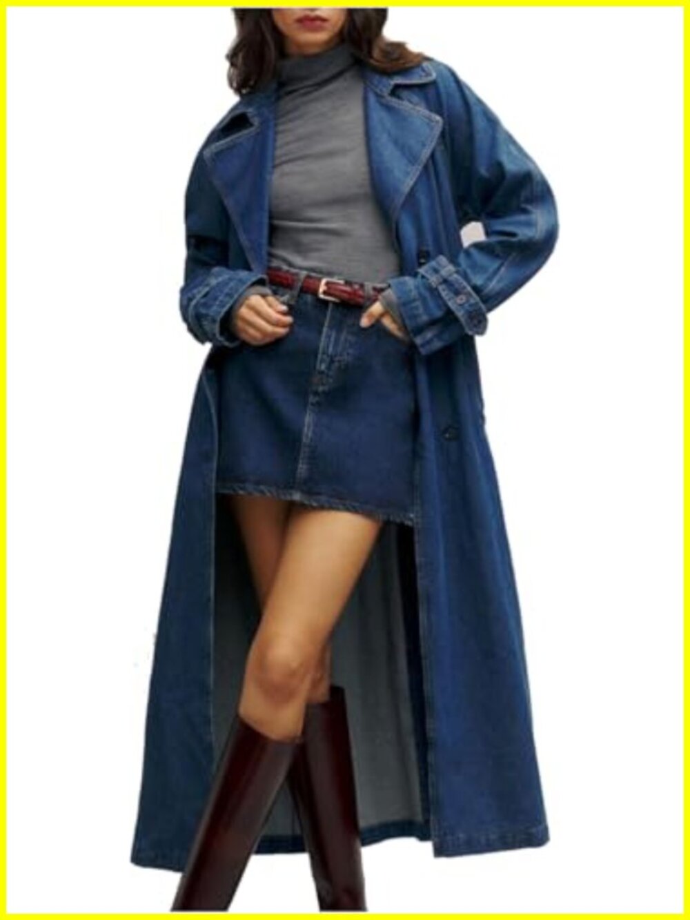 Women's Denim Trench Coat Double Breasted Midi Long Jacket with Belt